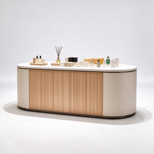Curved beige and light wood perfume display island right 45 degree angle view