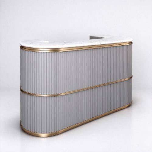 Light grey ribbed perfume checkout counter left 45 degree view