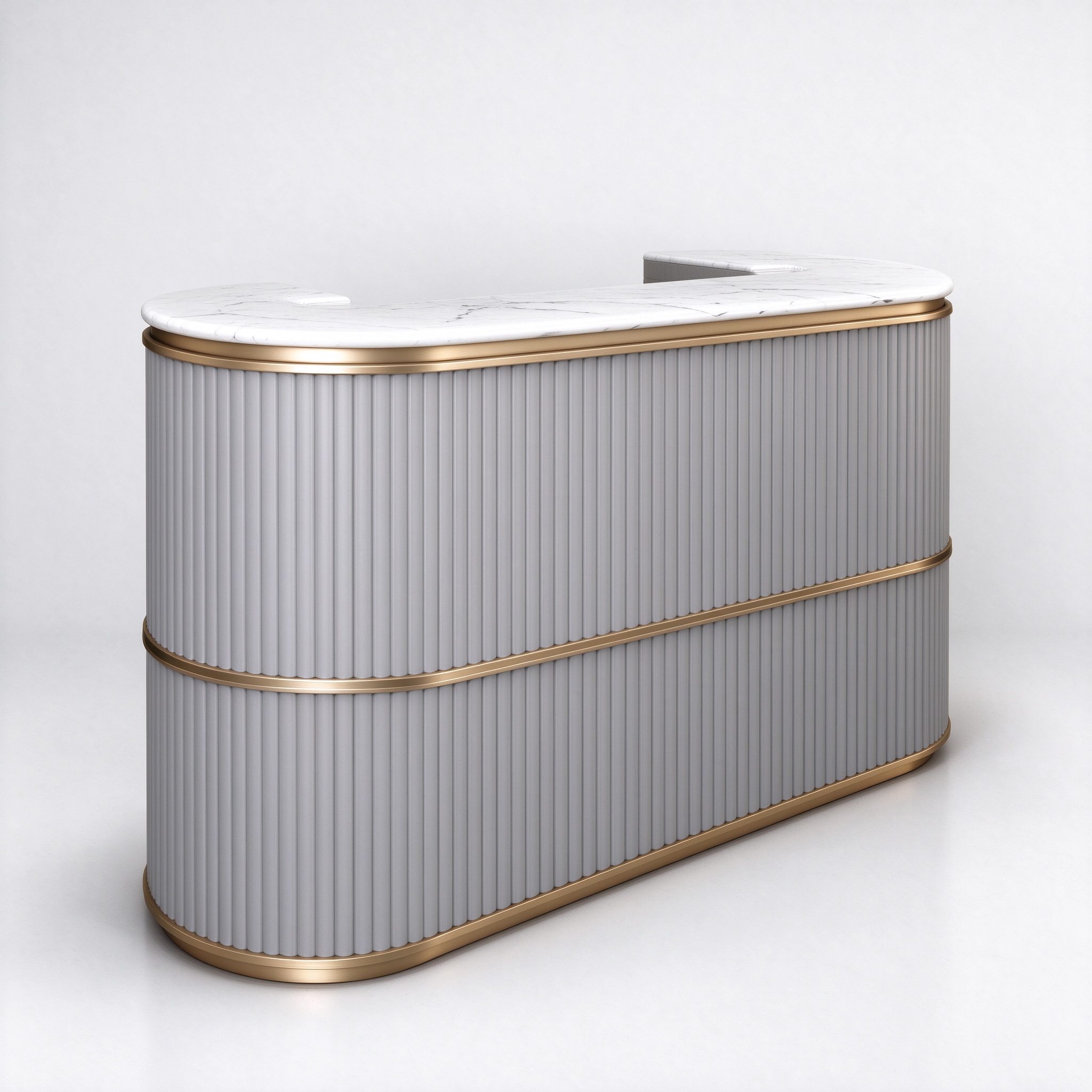 Light grey ribbed perfume checkout counter left 45 degree view