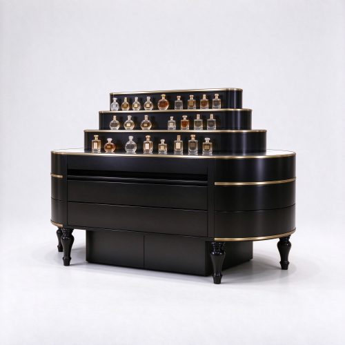 Glossy black perfume display island with perfume products left 45 degree view