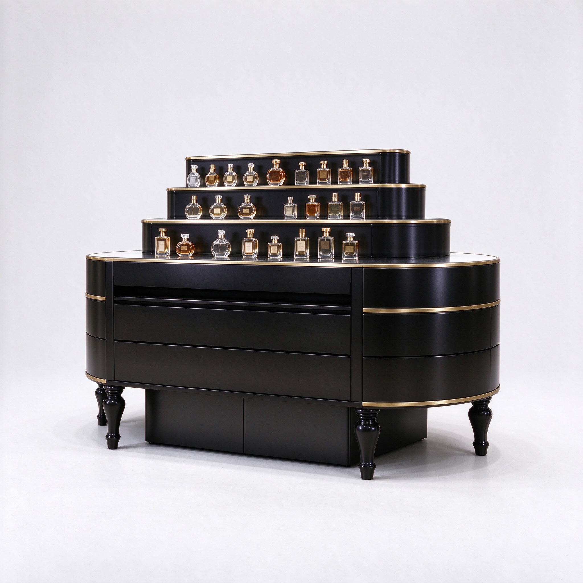 Glossy black perfume display island with perfume products left 45 degree view