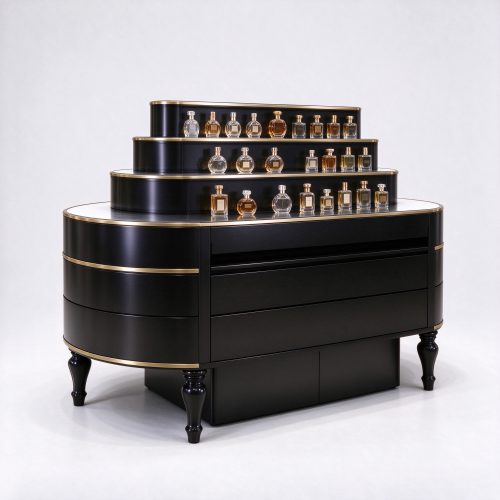 Glossy black perfume display island with perfume products right 45 degree view