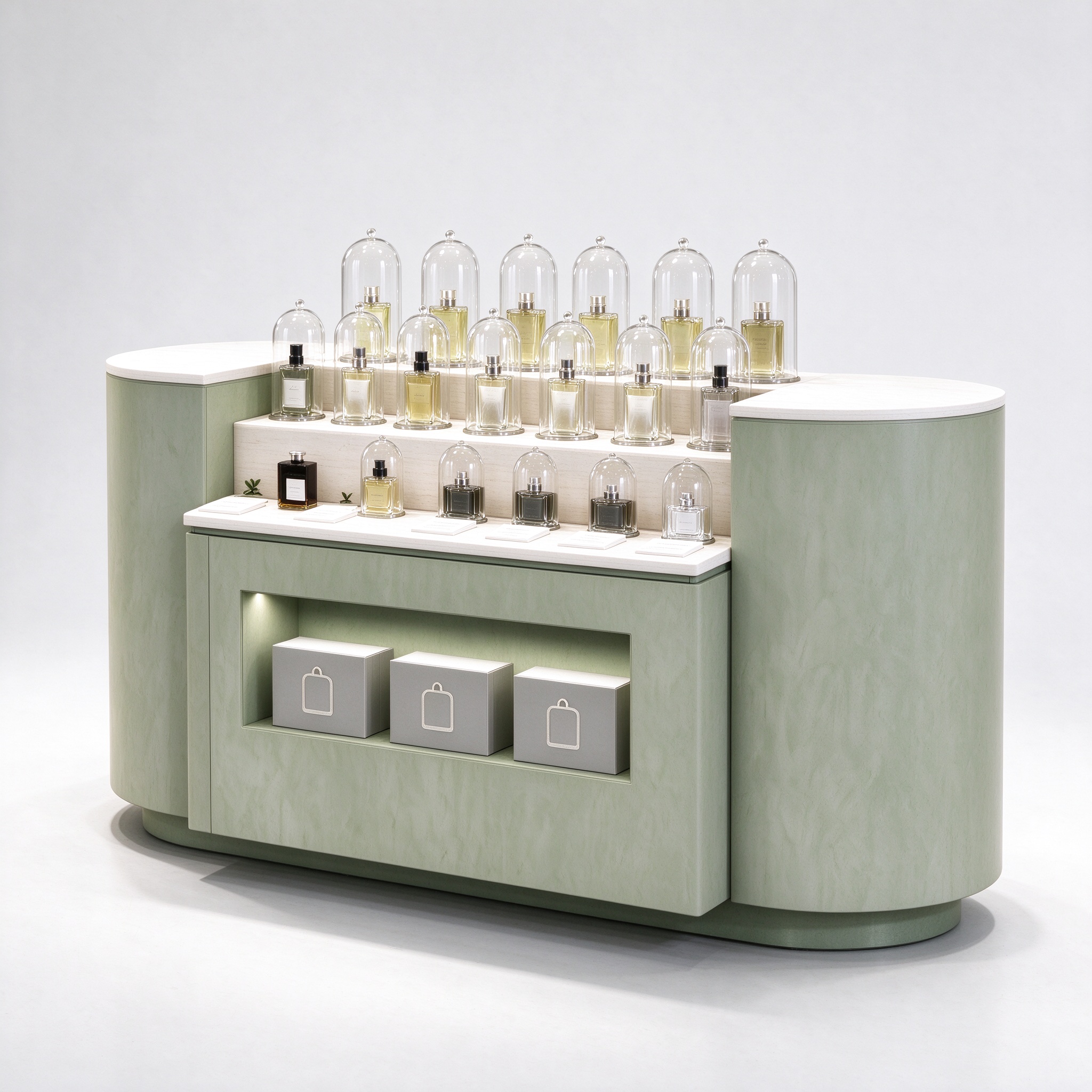 Light sage green perfume display counter left 45 degree view
