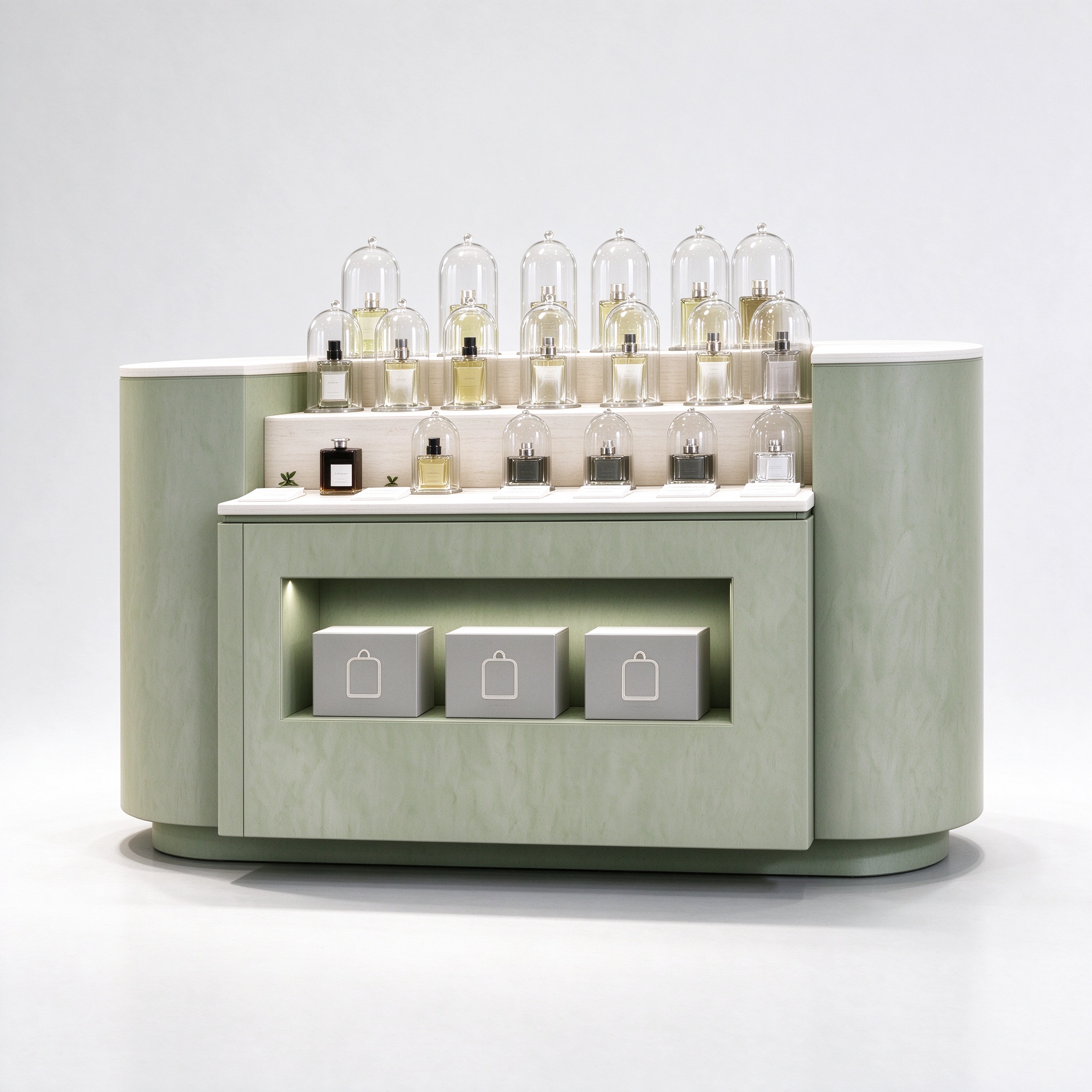 Light sage green perfume display counter right 45 degree view