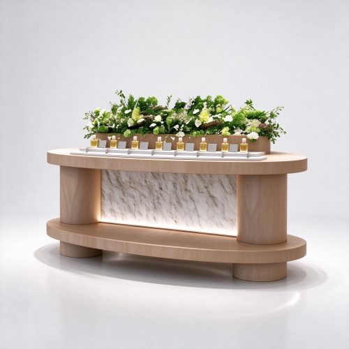 Light oak perfume display island left 45 degree view