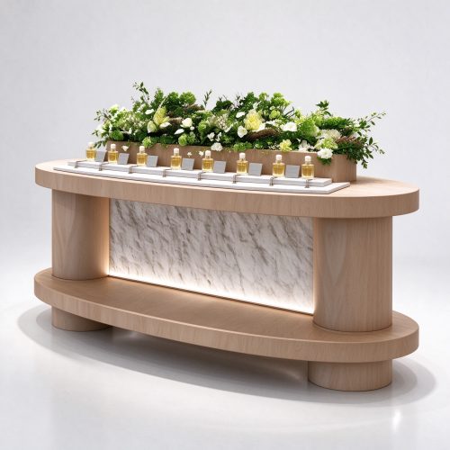 Light oak perfume display island right 45 degree view