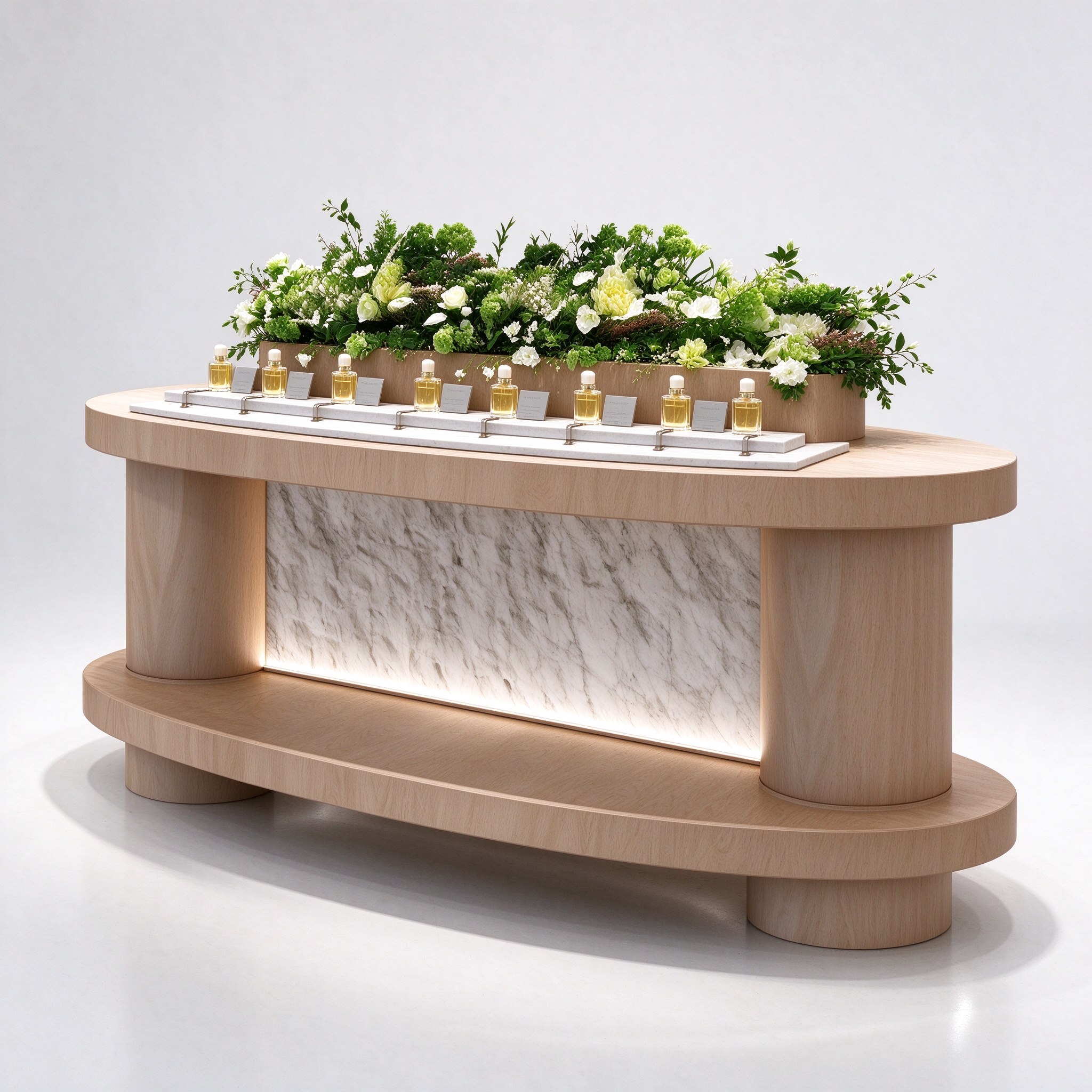 Light oak perfume display island right 45 degree view