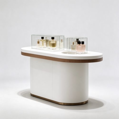Curved white perfume display stand with wood trim left 45 degree view