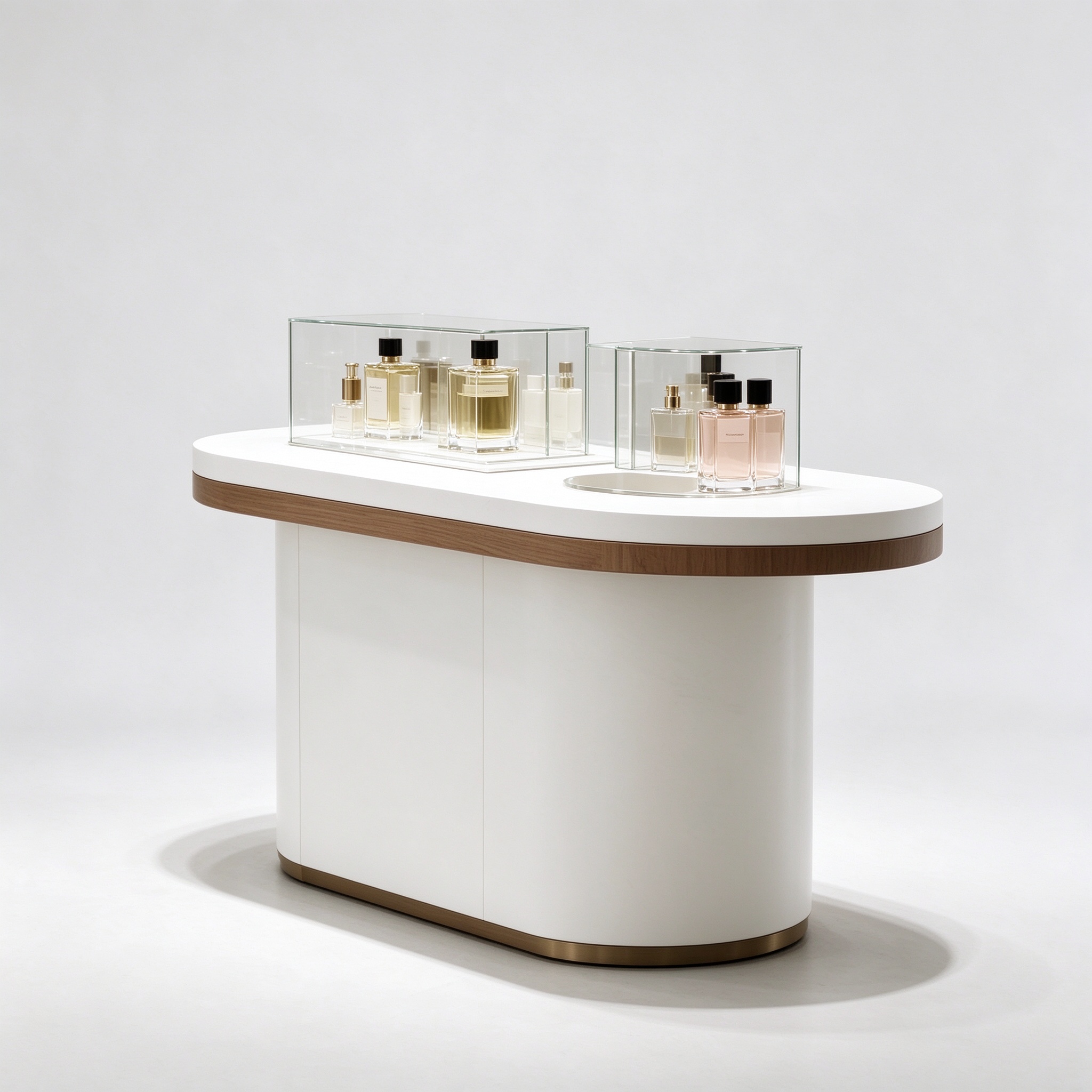 Curved white perfume display stand with wood trim left 45 degree view