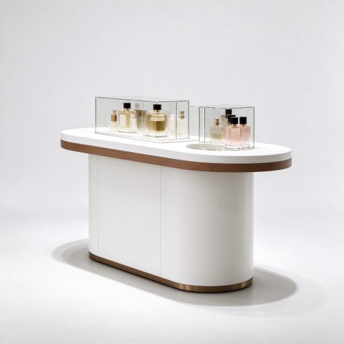 Curved white perfume display stand with wood trim right 45 degree angle view