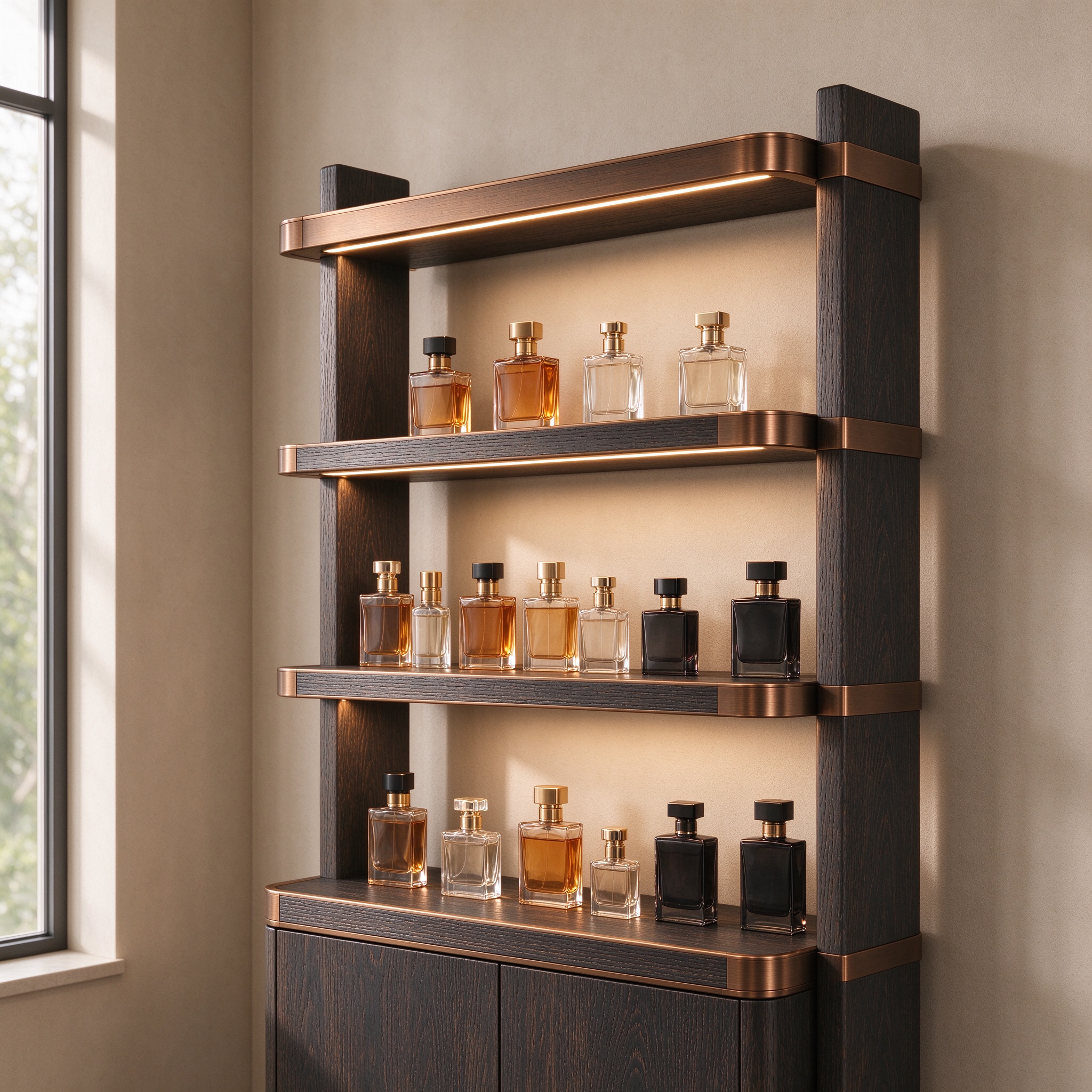 Smoked oak fragrance shelving