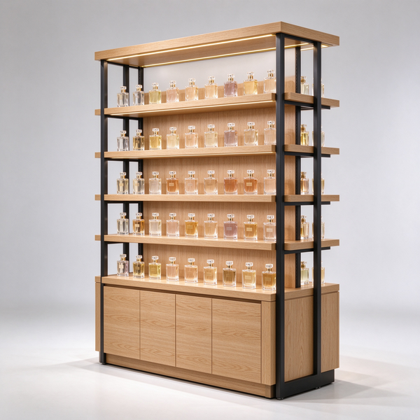 Wooden perfume display shelves