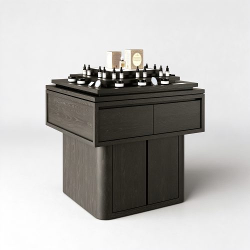 Dark wood square island perfume display table left 45 degree view