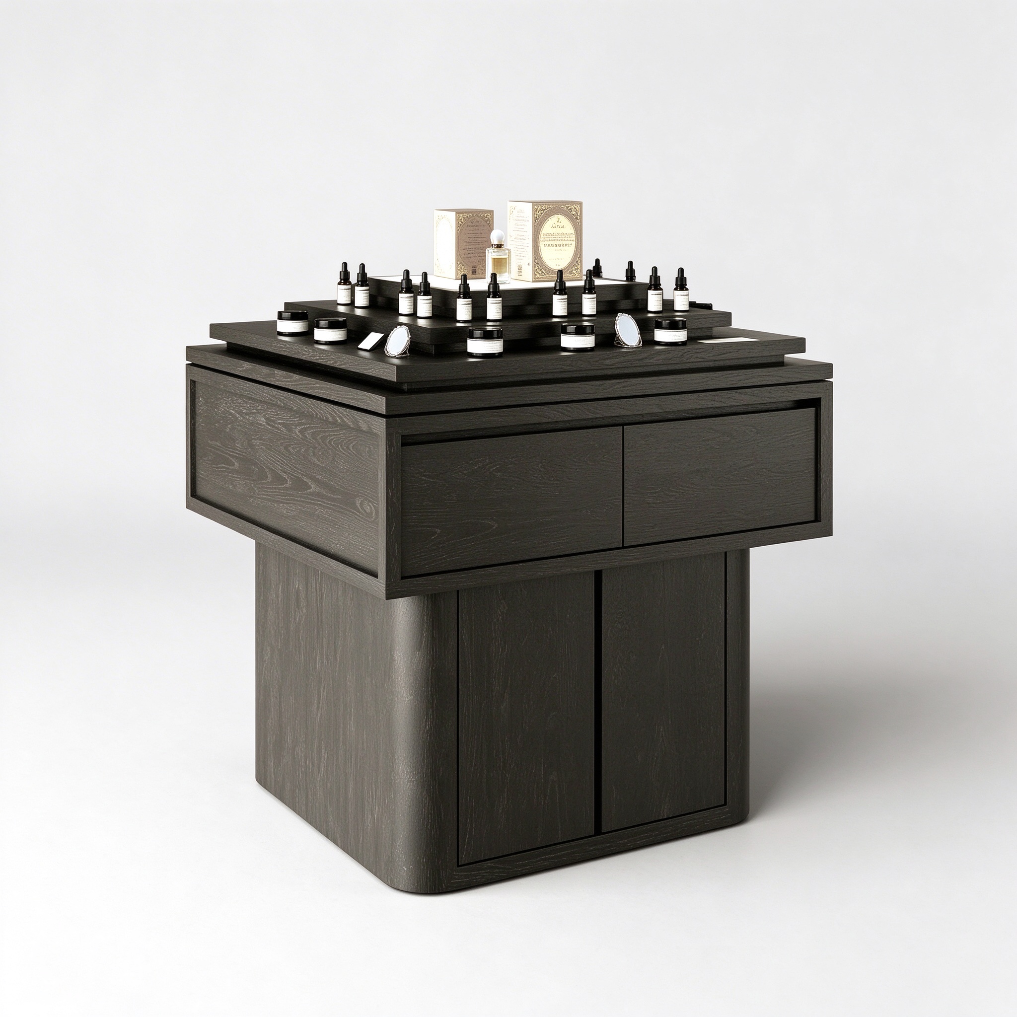 Dark wood square island perfume display table left 45 degree view