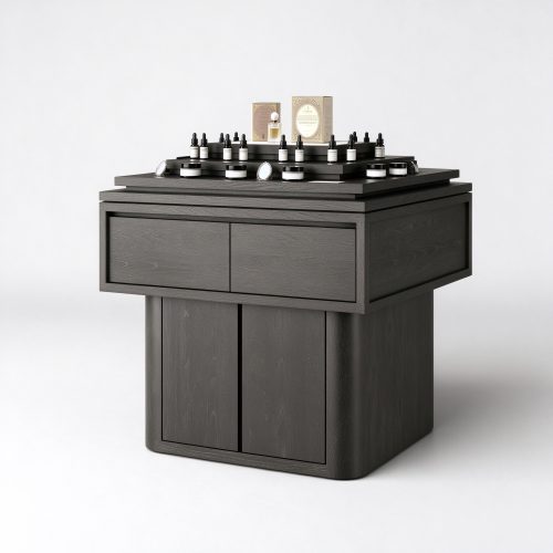 Dark wood square island perfume display table right 45 degree angle view