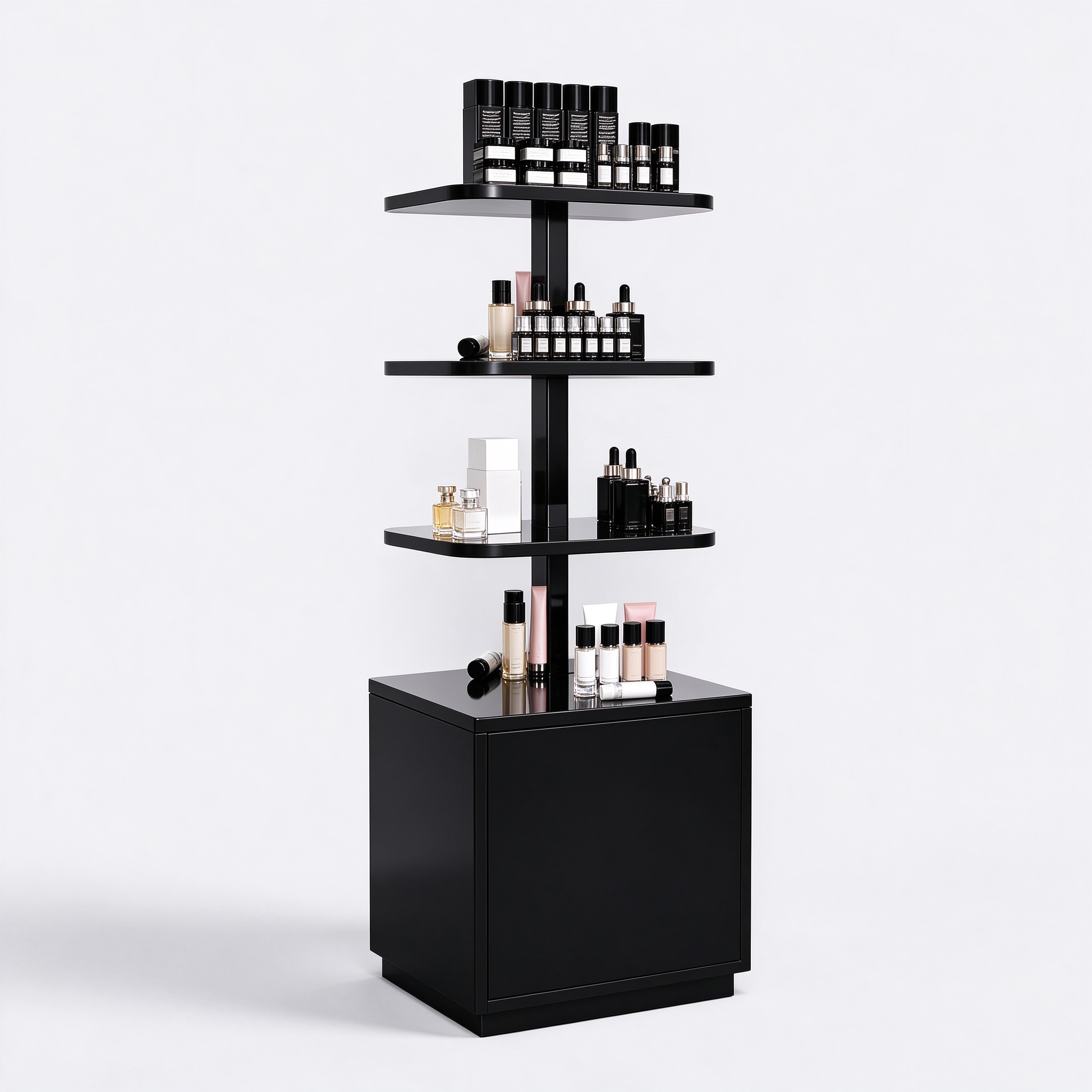 Black gloss freestanding perfume display rack left 45 degree view
