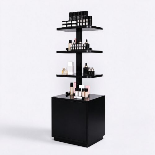 Black gloss freestanding perfume display rack right 45 degree angle view