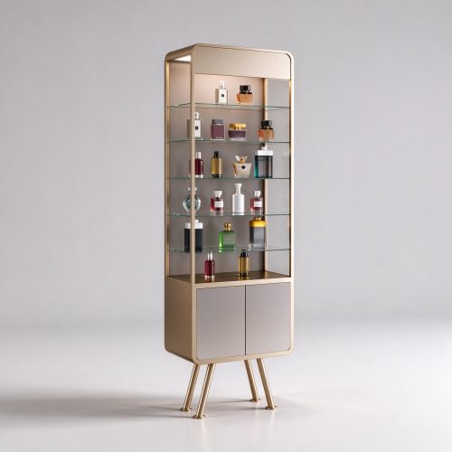 Champagne gold perfume display cabinet left 45 degree view