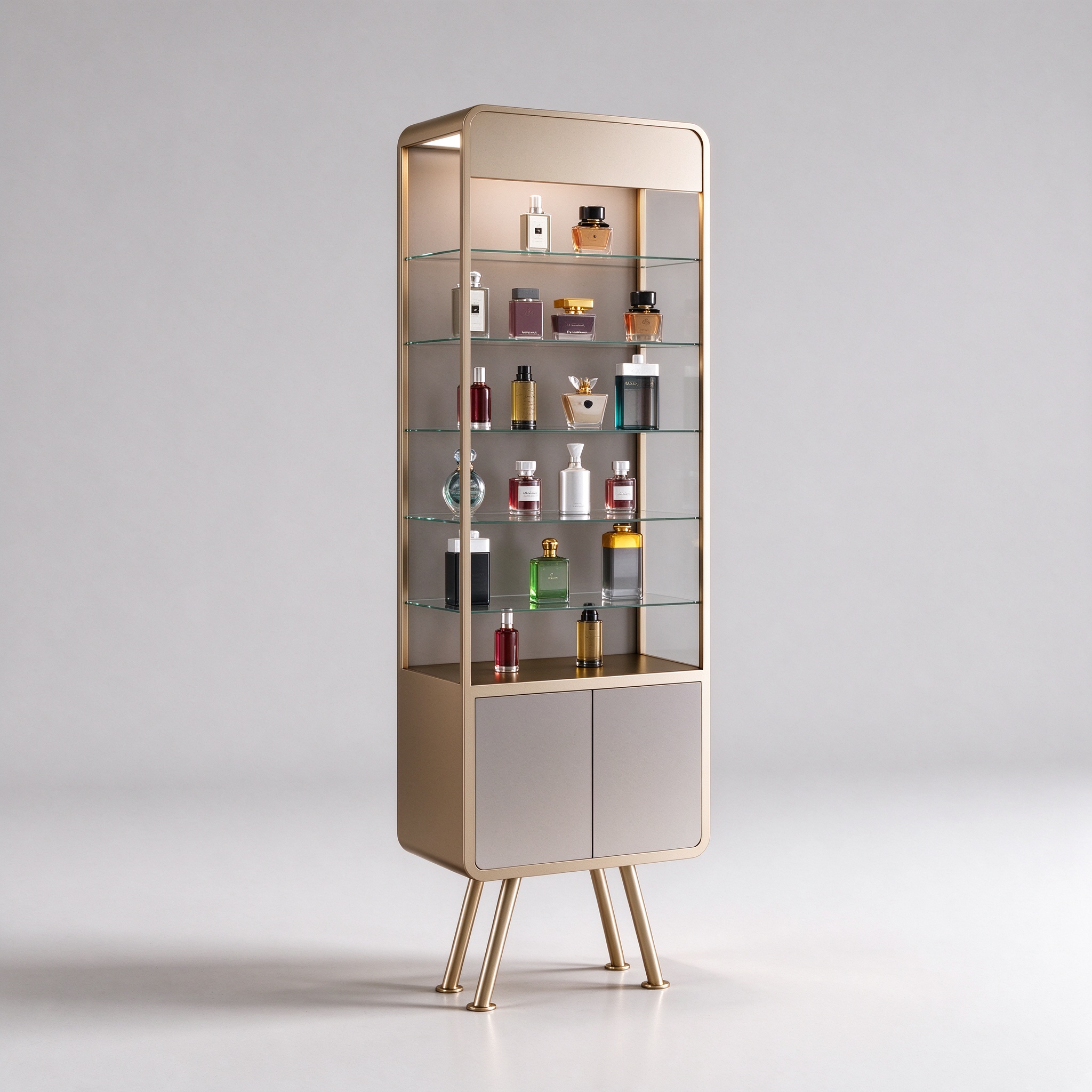 Champagne gold perfume display cabinet left 45 degree view