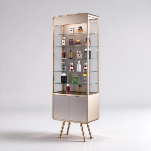 Champagne gold perfume display cabinet right 45 degree view