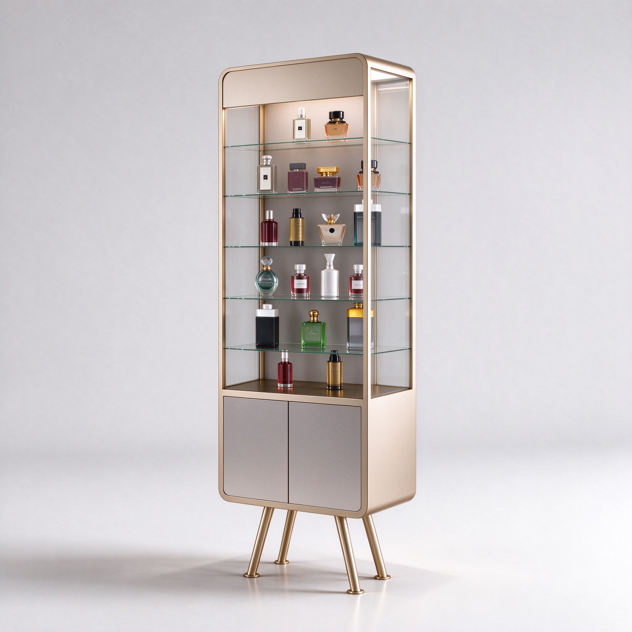 Champagne gold perfume display cabinet right 45 degree view