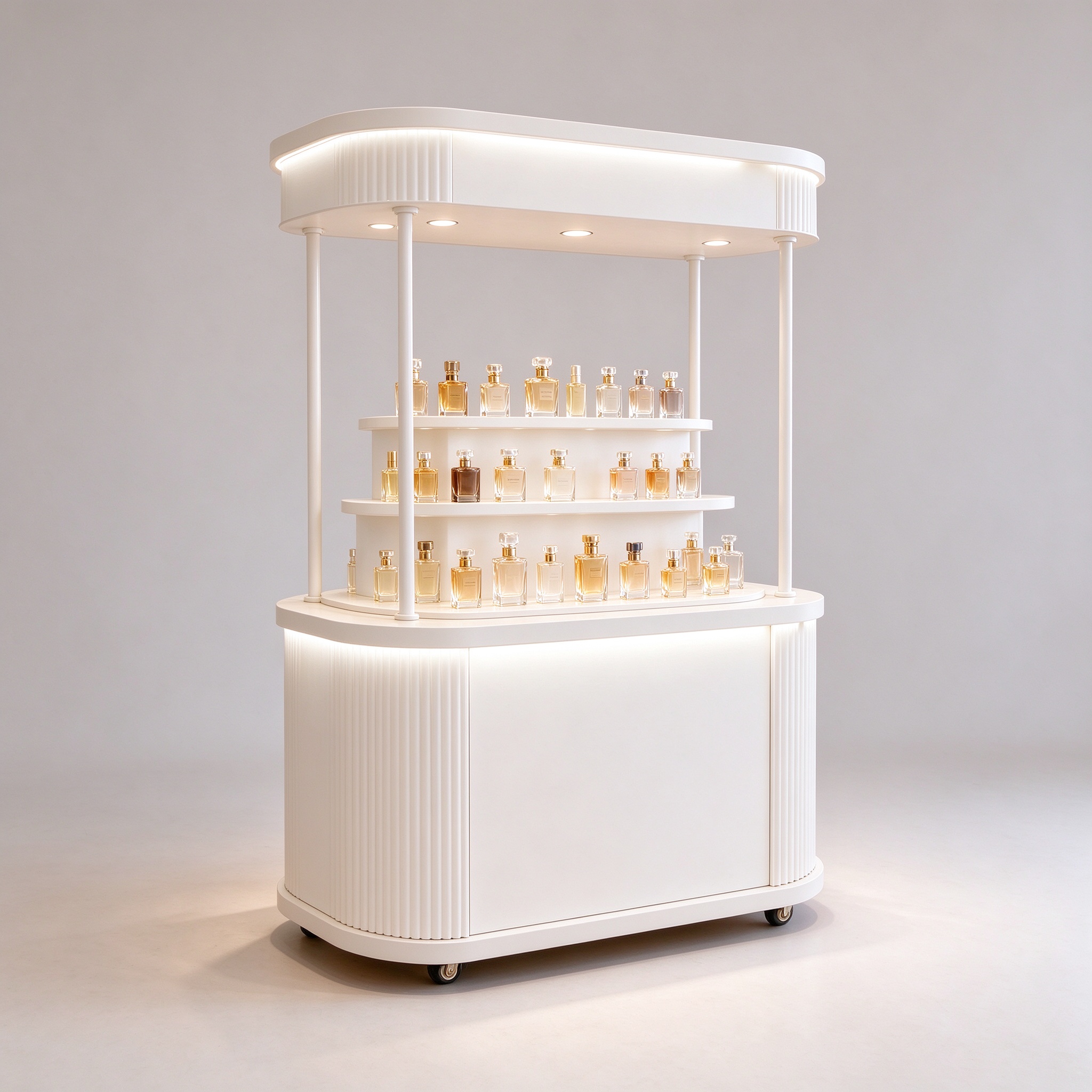 White curved perfume display cart left 45 degree view