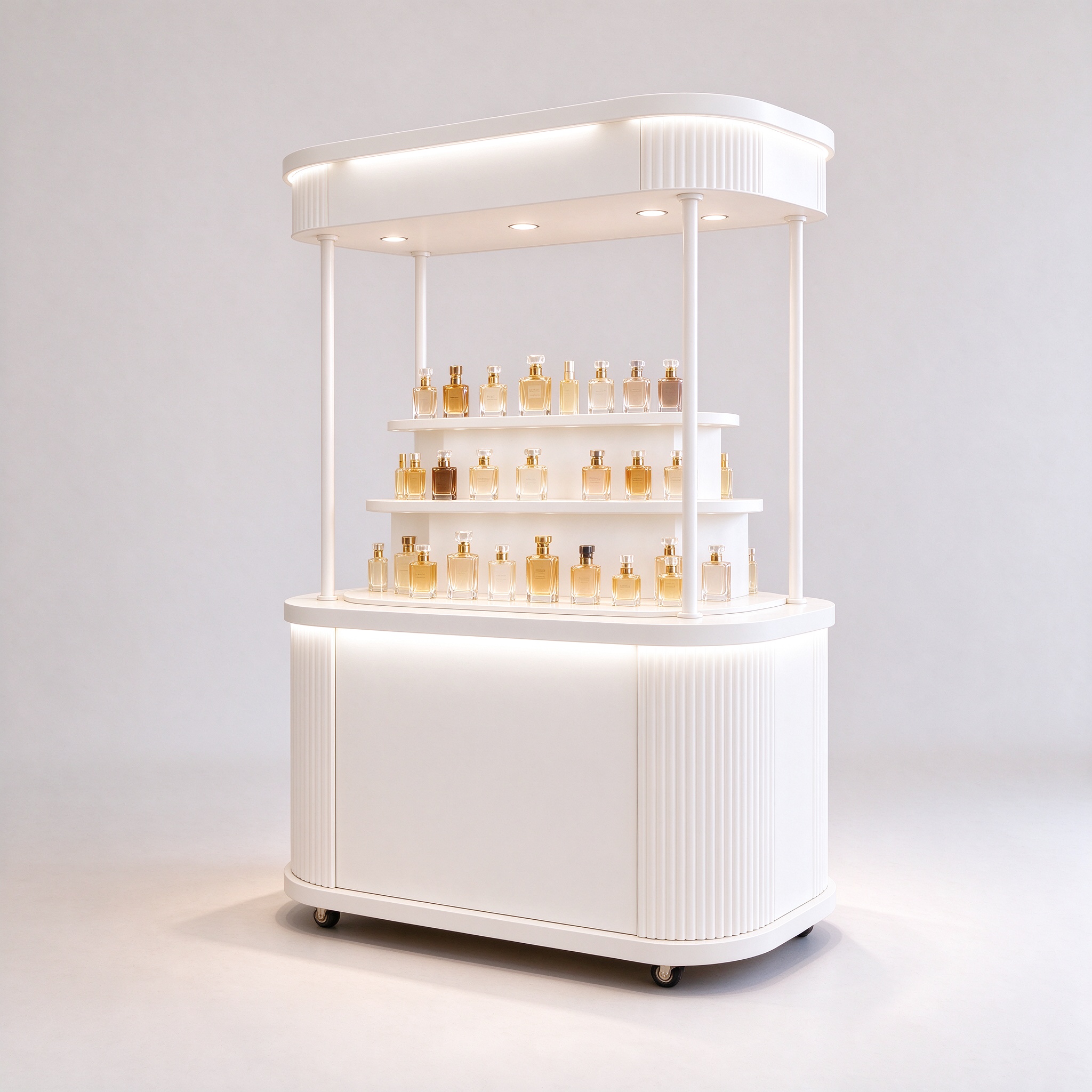 White curved perfume display cart right 45 degree view