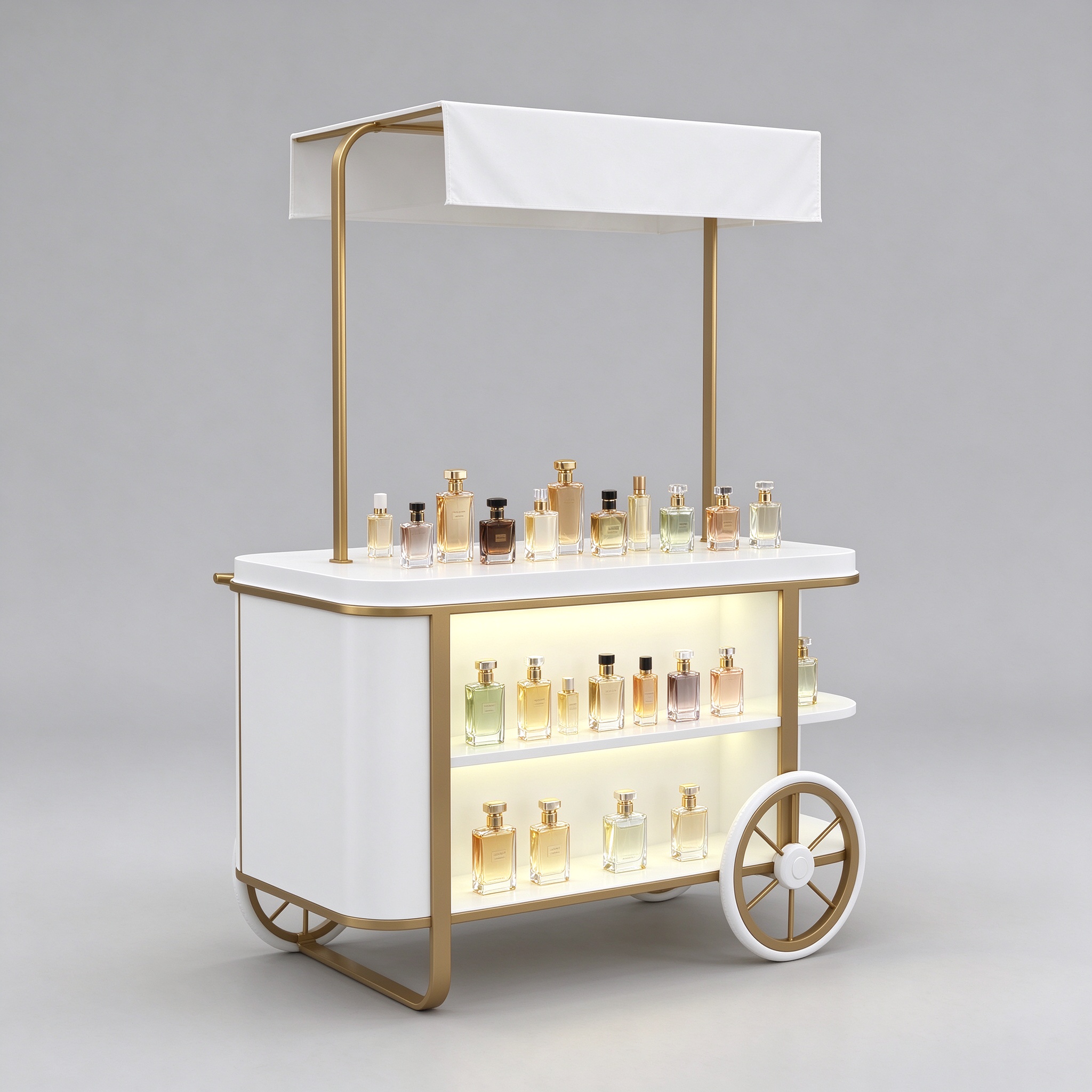 White mobile perfume display cart left 45 degree view