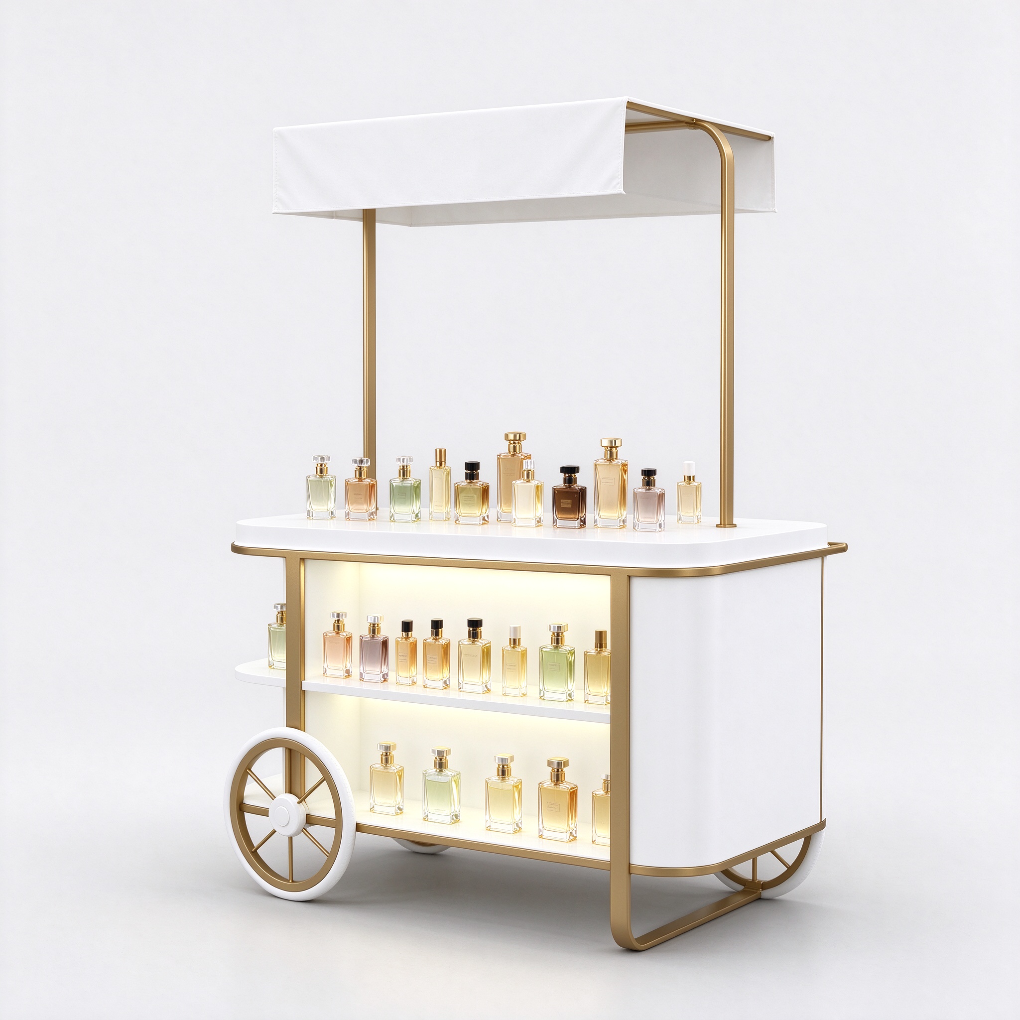 White mobile perfume display cart right 45 degree view