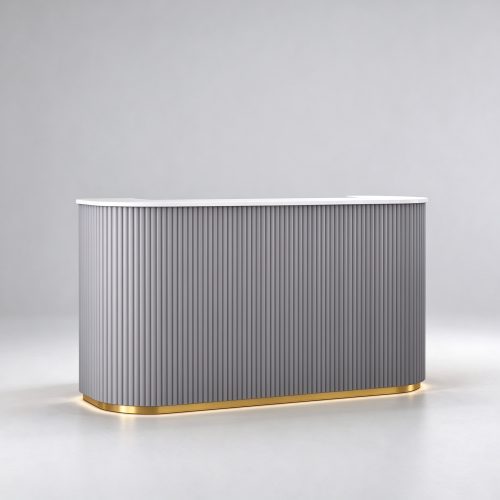Curved gray perfume checkout counter left 45 degree view