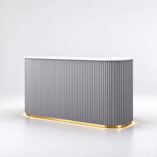 Curved gray perfume checkout counter right 45 degree view