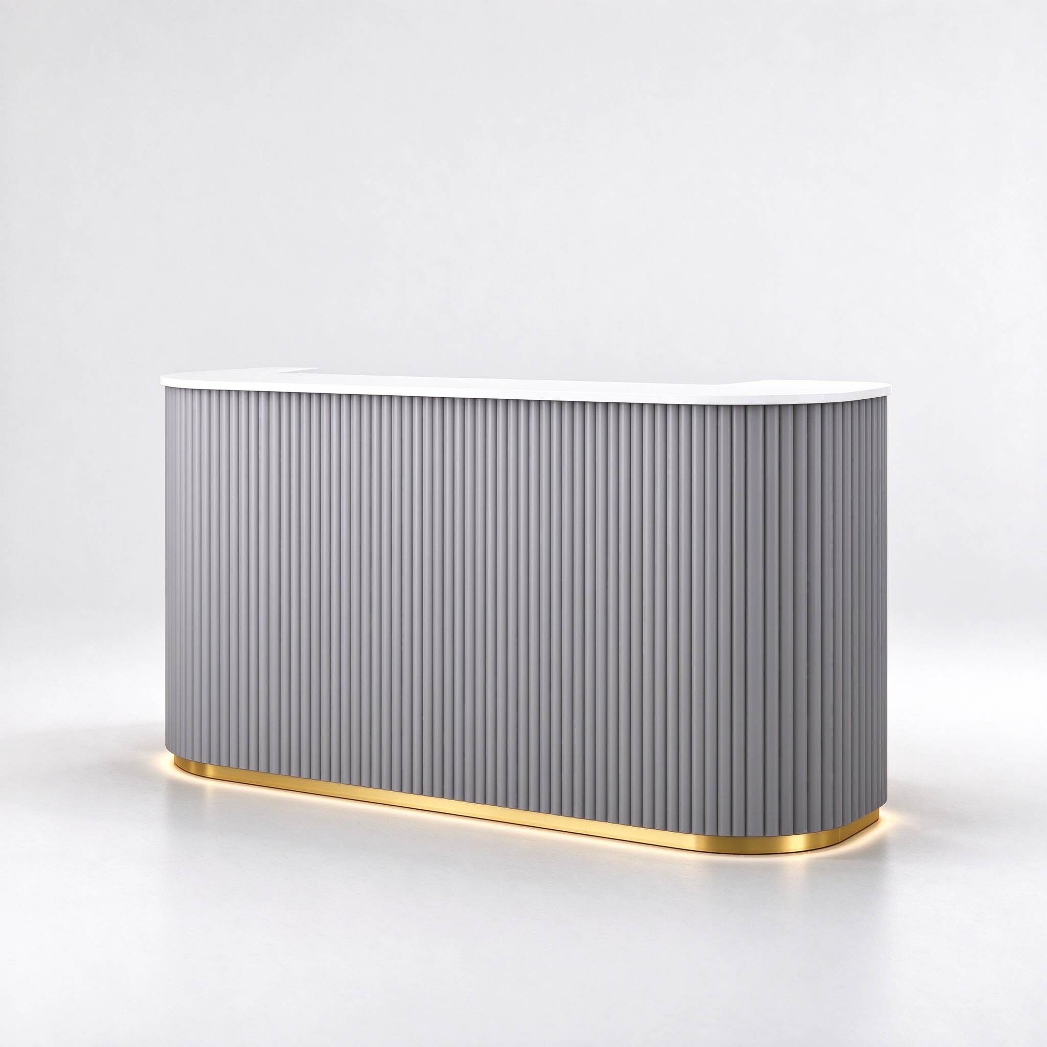 Curved gray perfume checkout counter right 45 degree view