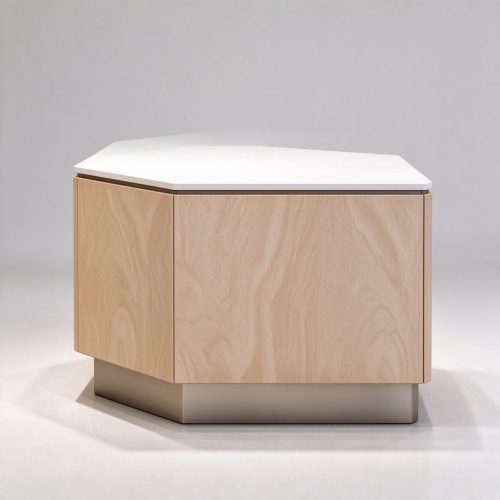Hexagonal wood perfume display counter left 45 degree view