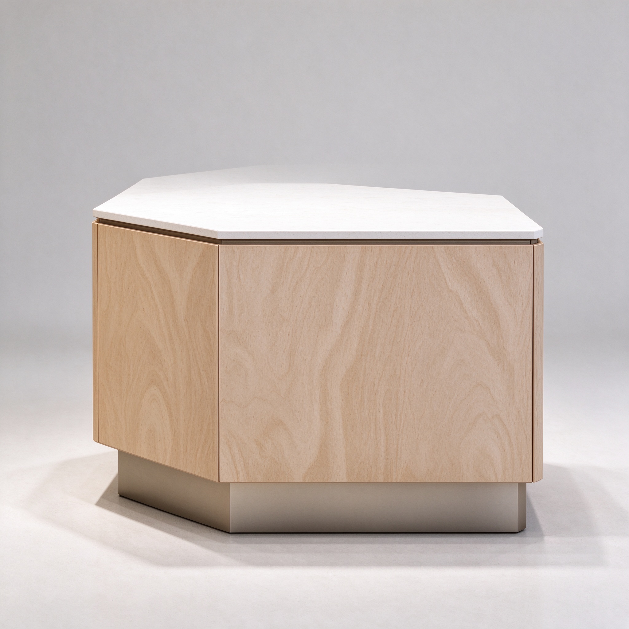 Hexagonal wood perfume display counter left 45 degree view