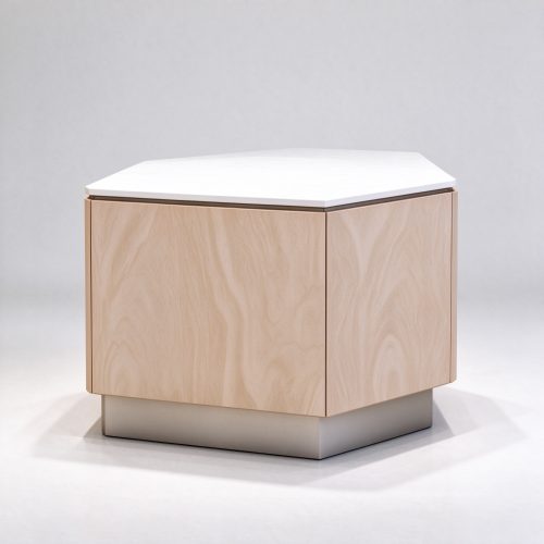 Hexagonal wood perfume display counter right 45 degree view