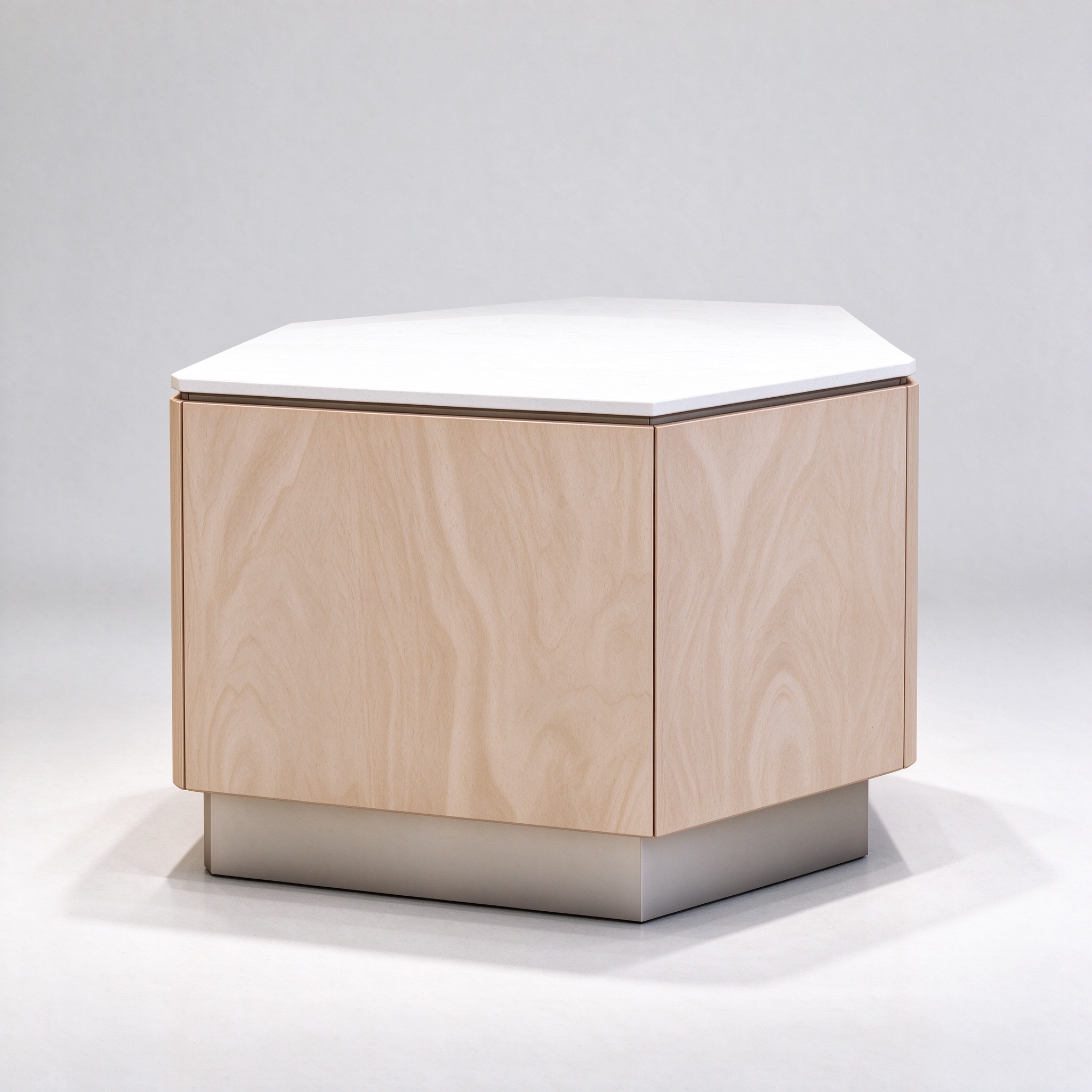 Hexagonal wood perfume display counter right 45 degree view