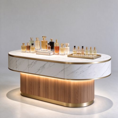 Curved marble perfume display counter with perfume bottles left 45 degree view