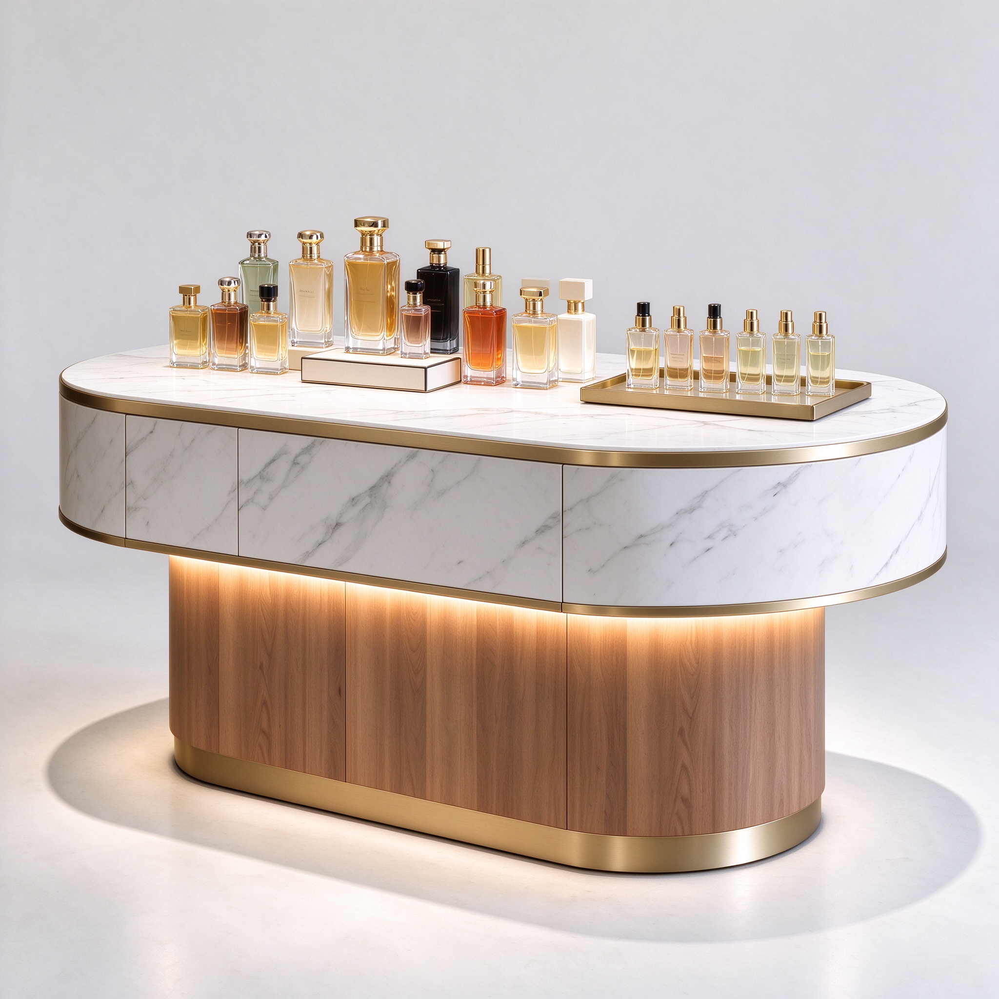 Curved marble perfume display counter with perfume bottles right 45 degree view