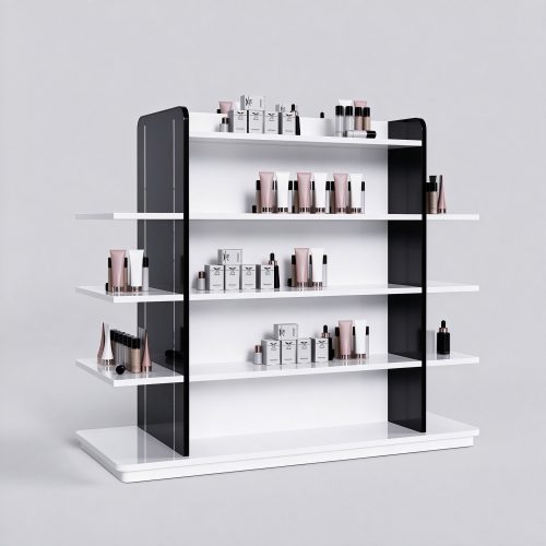 Freestanding white perfume display rack left 45 degree view