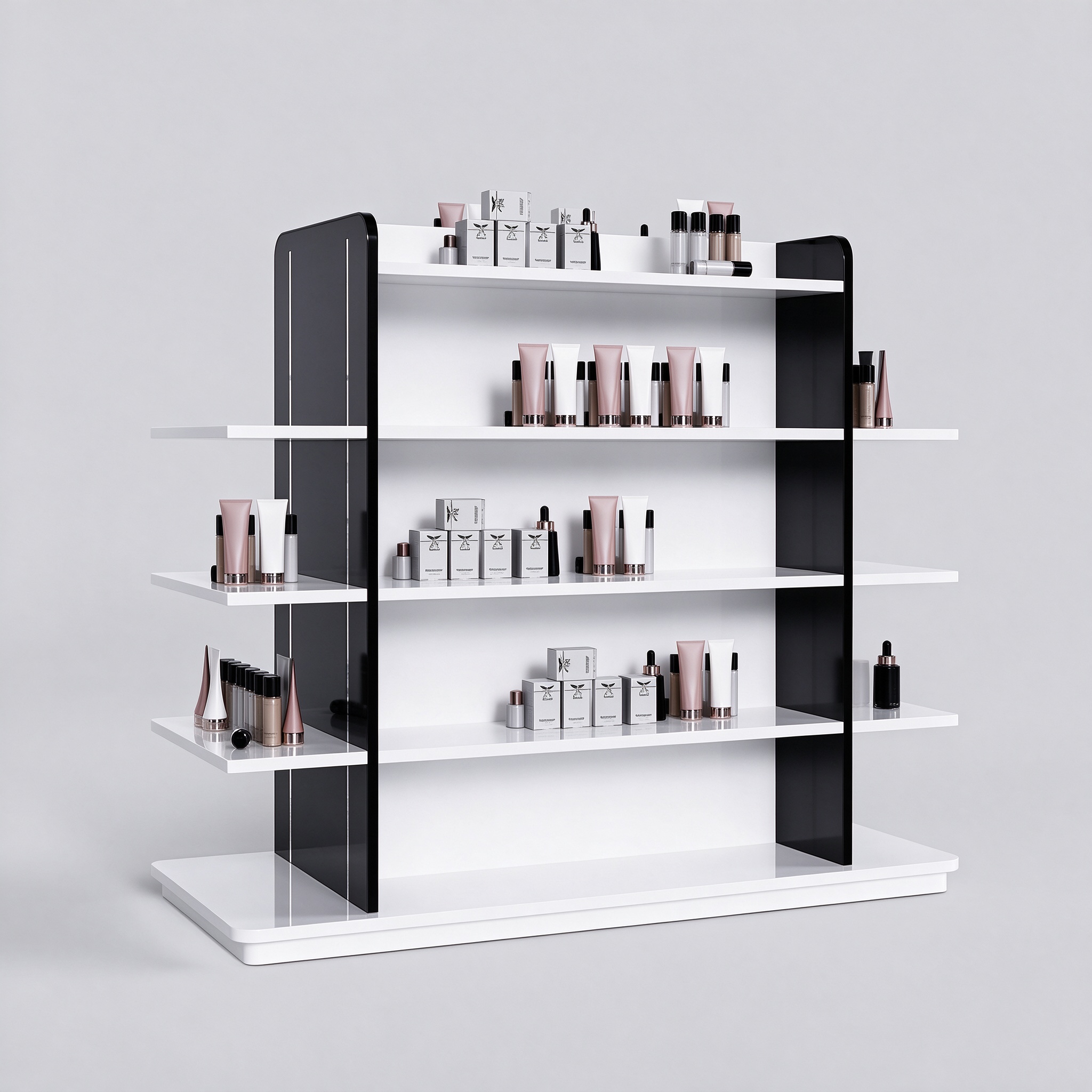 Freestanding white perfume display rack left 45 degree view