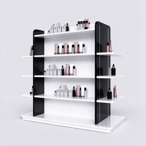 Freestanding white perfume display rack right 45 degree view
