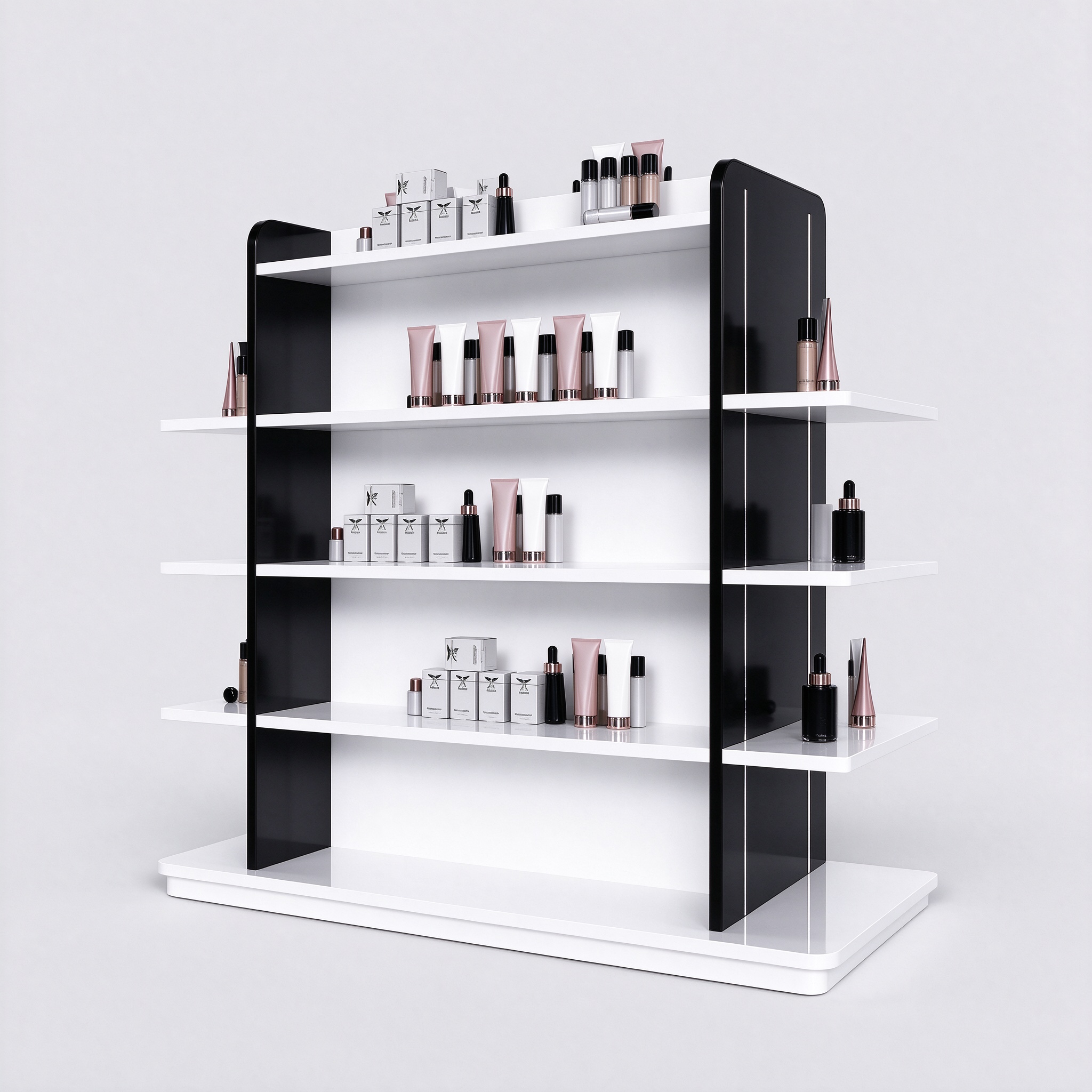 Freestanding white perfume display rack right 45 degree view