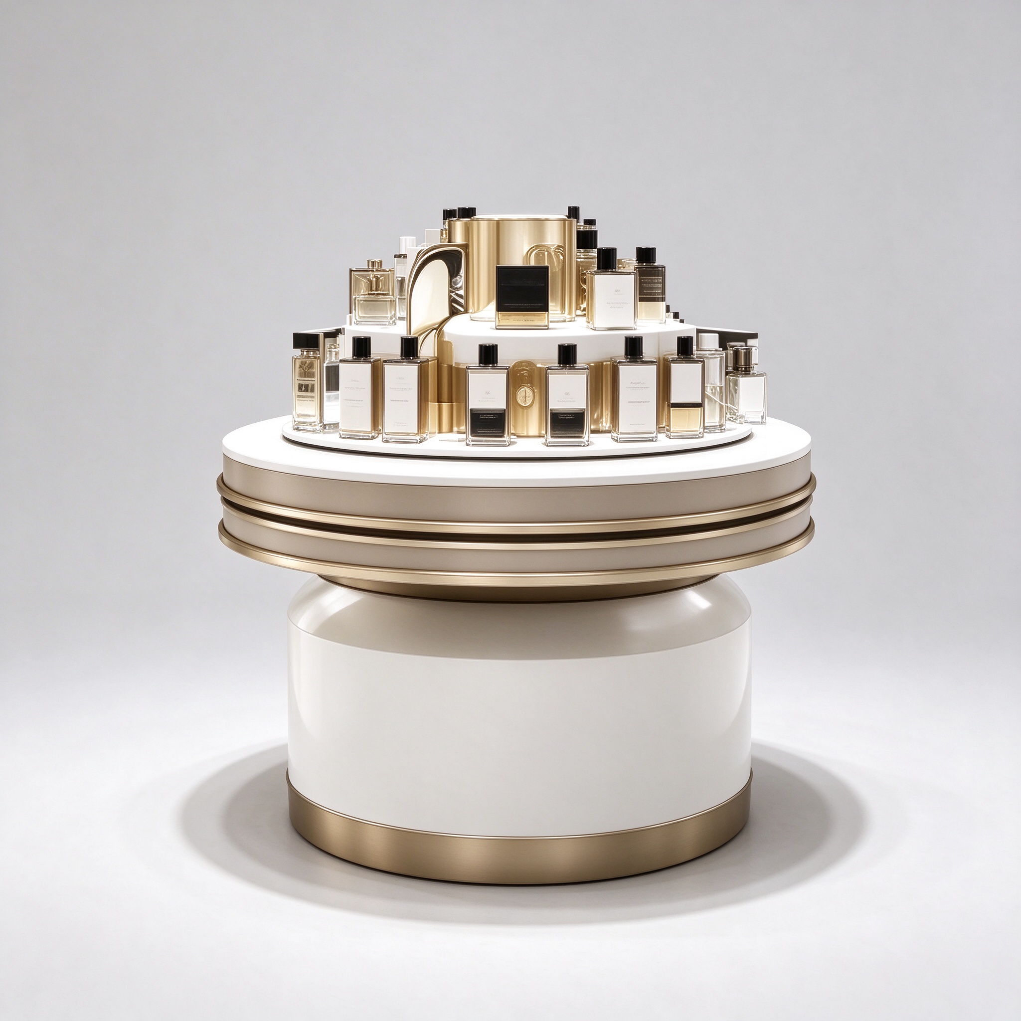 White round perfume display stand left 45 degree view