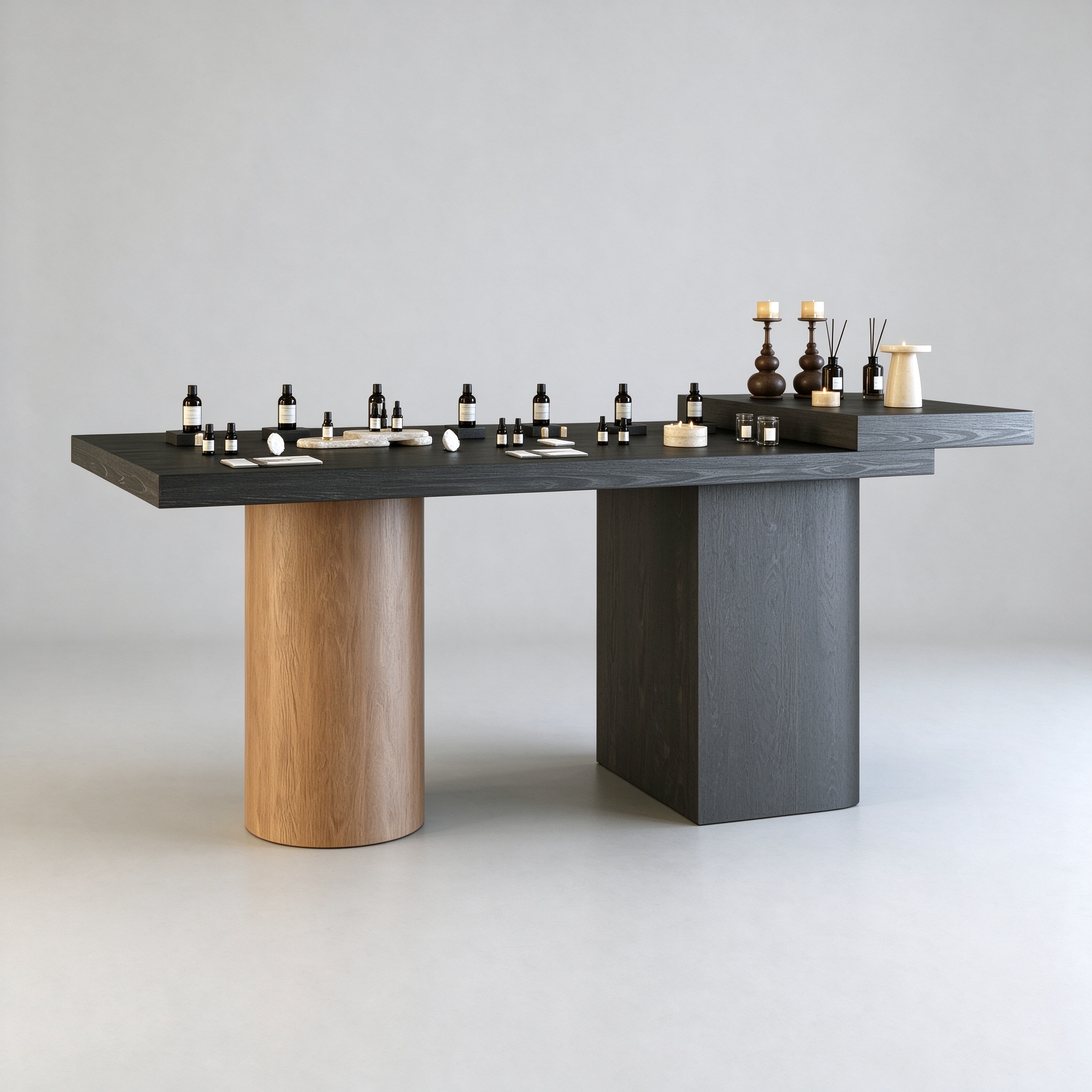 Dark wood perfume display table left 45 degree view