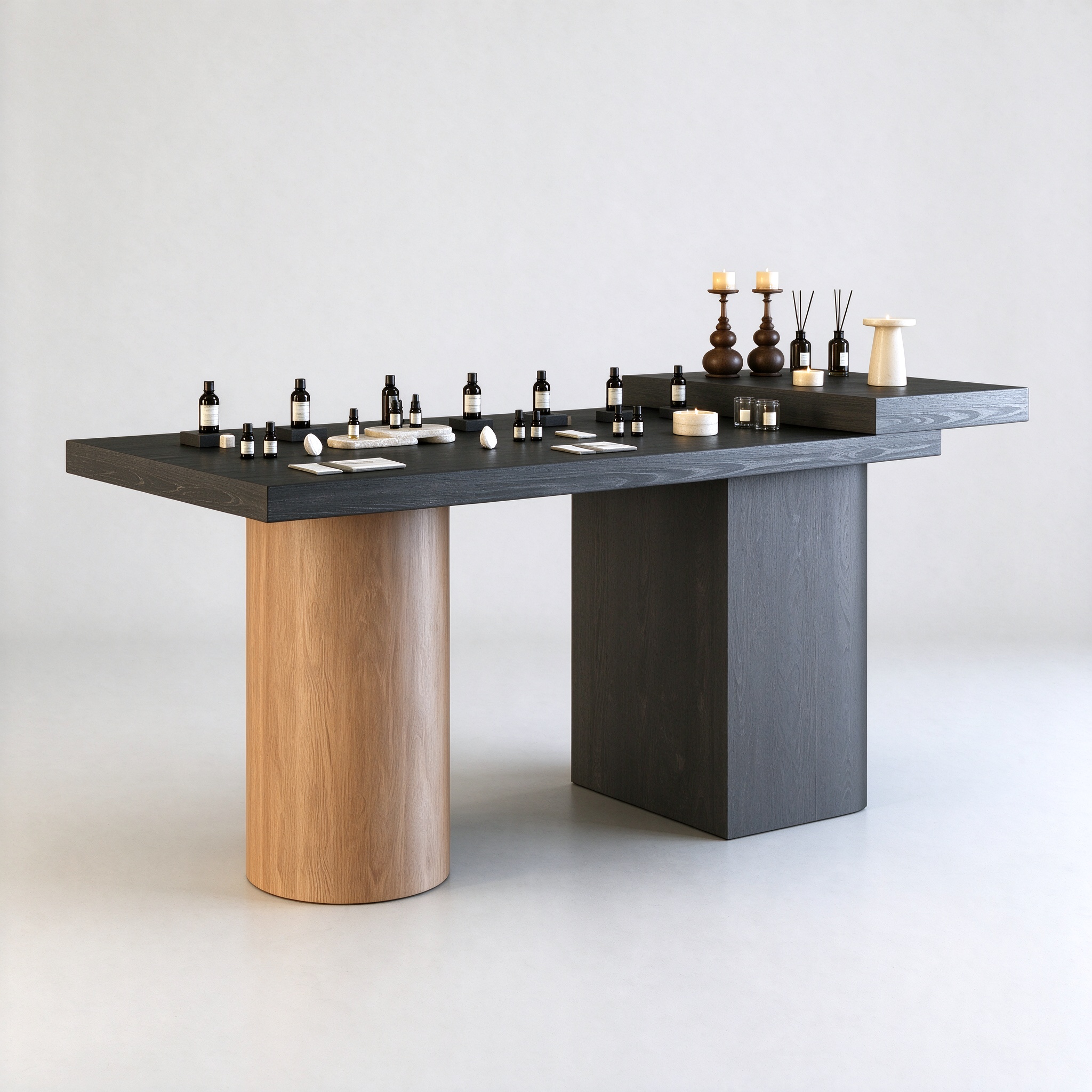 Dark wood perfume display table right 45 degree view