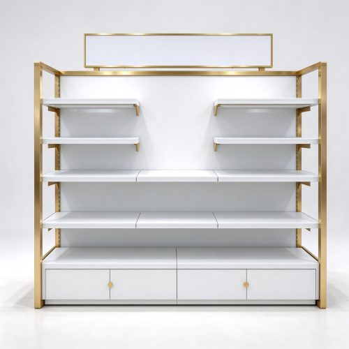 Gold framed pet shop shelving unit front view