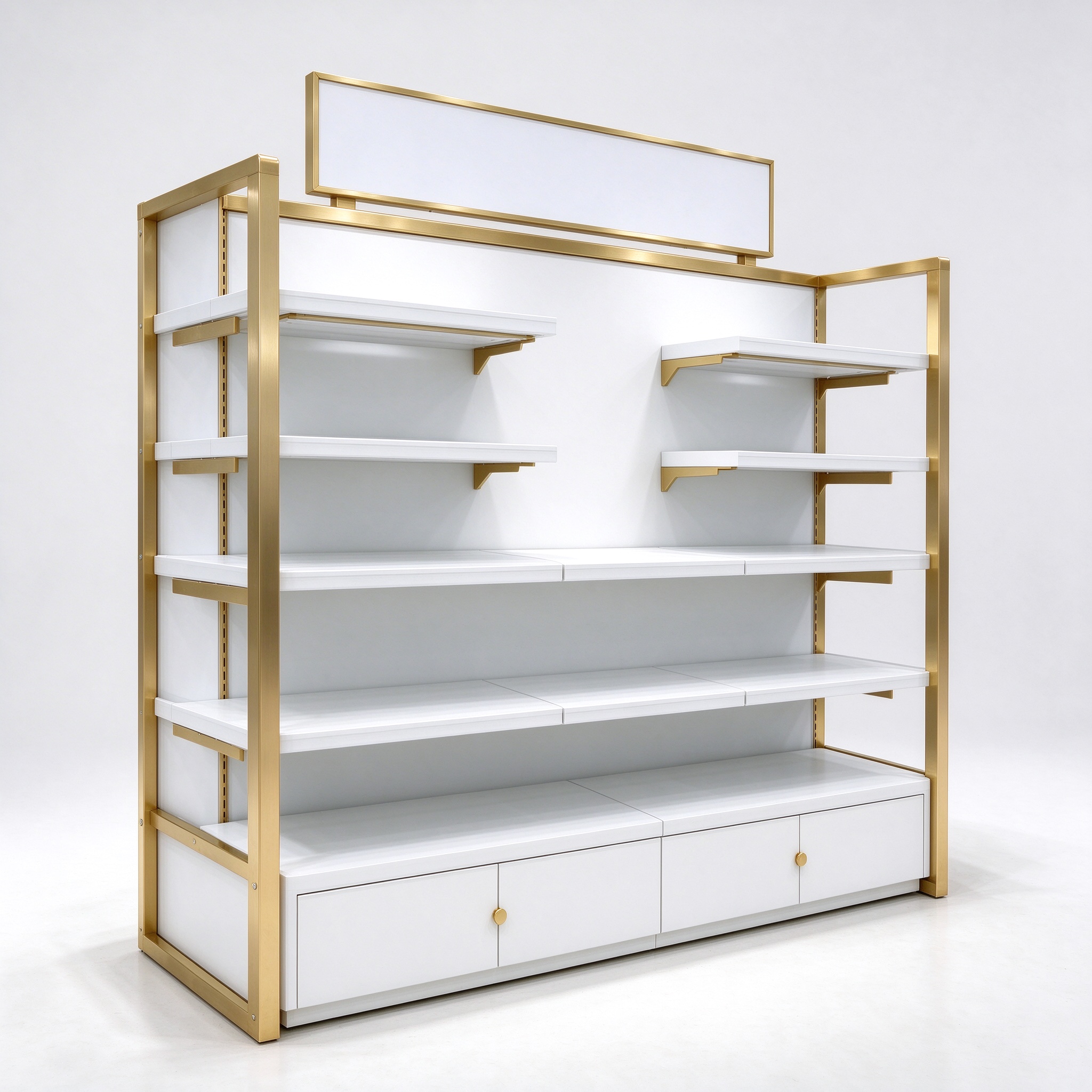 Gold frame white double-sided pet gondola left angle view