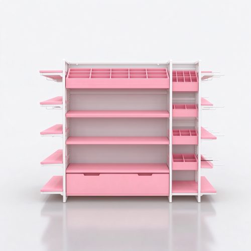 Pink pet store gondola with slanted shelves front view