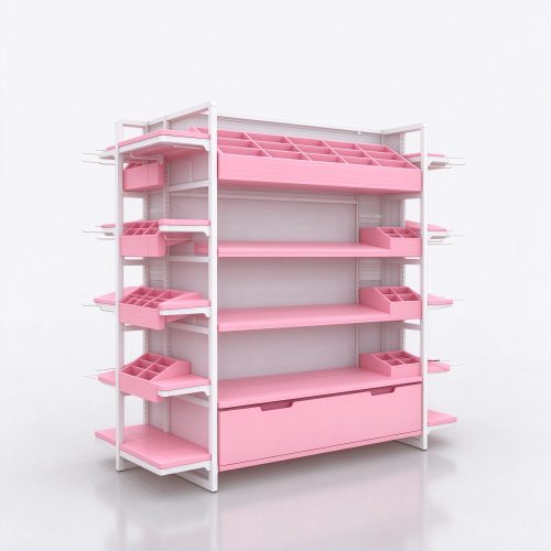 Pink modular pet shop gondola left angle view