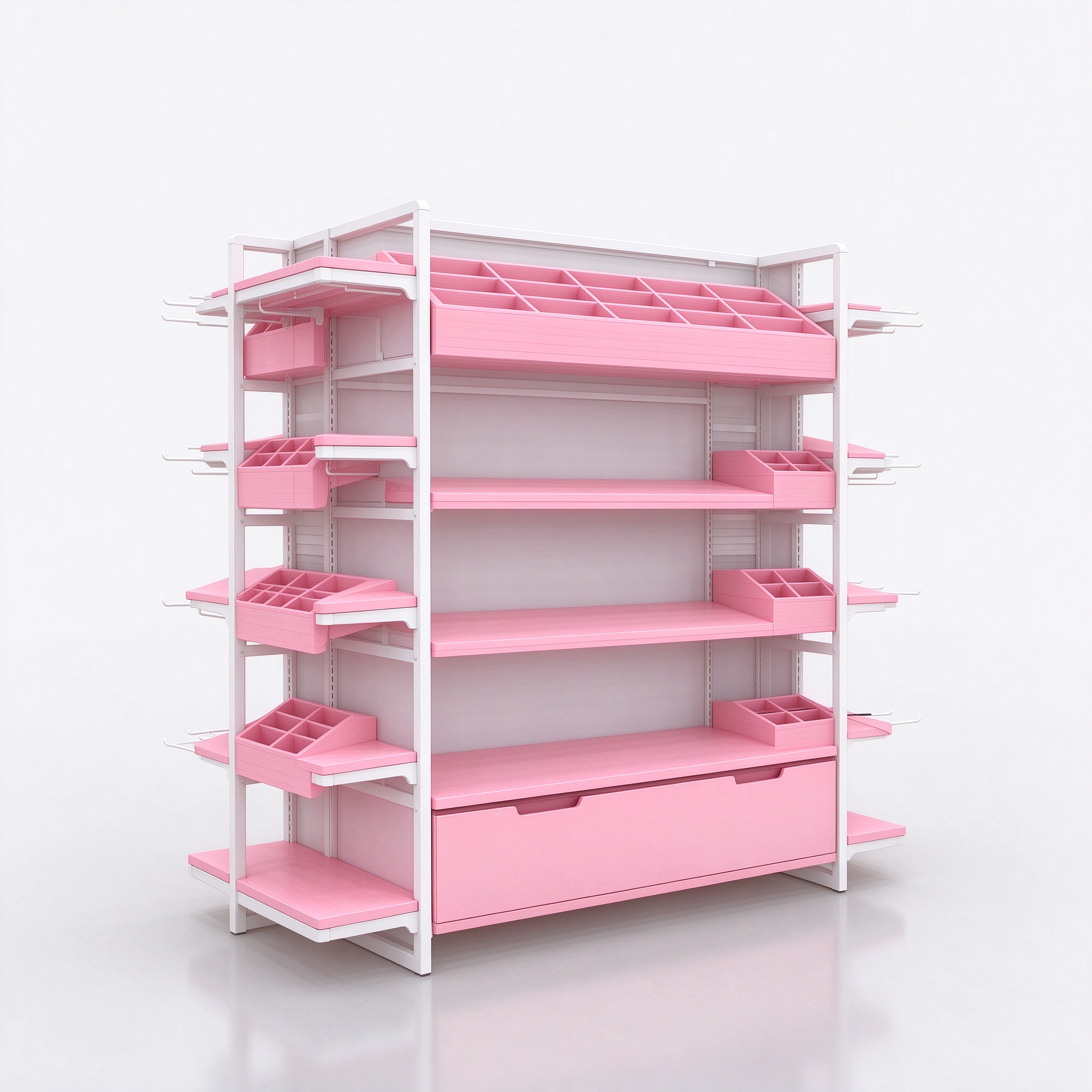 Pink modular pet shop gondola left angle view